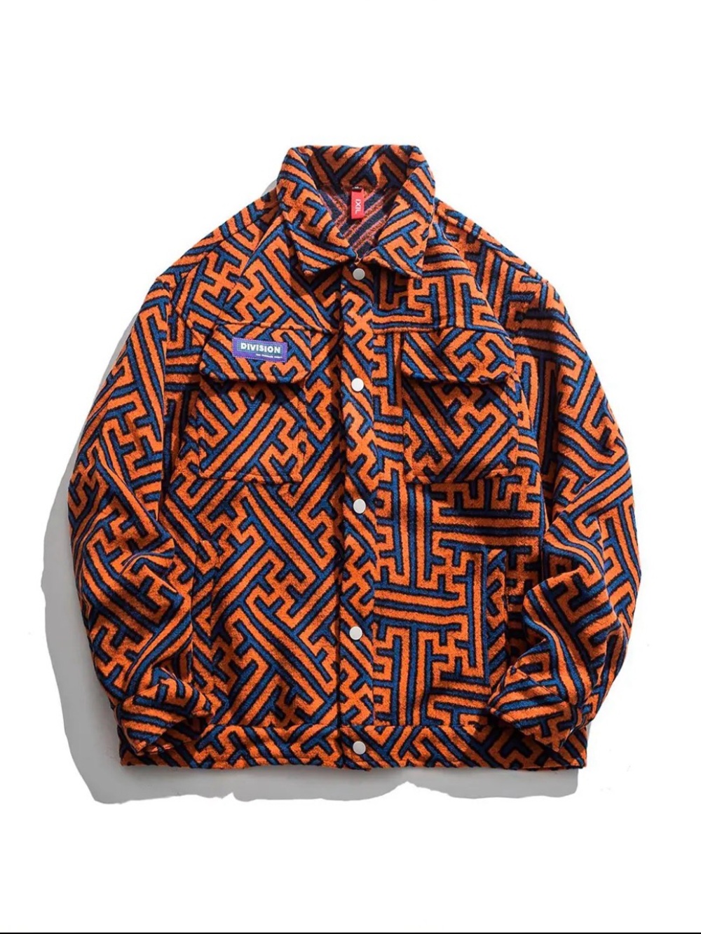 Men's Orange & Navy Geometric Fleece Shirt Jacket